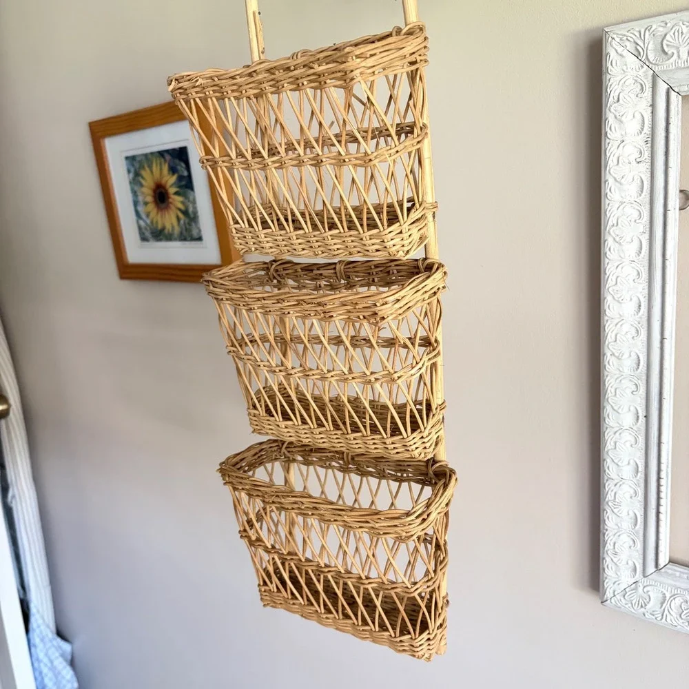 Vintage Woven Wicker 3 Tier Hanging Wall Basket Rattan Boho Mail Organizer Decor